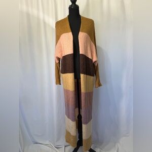 Long Colorblock Open Front Women's Cardigan Sweater - Pink, Brown, Mustard